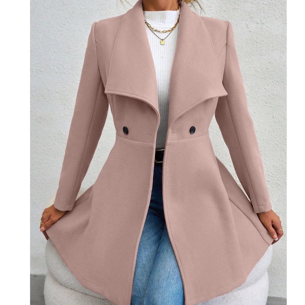 Classic Wide Collar Flare Hem Button Oversized Pea Coat - Picture 6 of 13